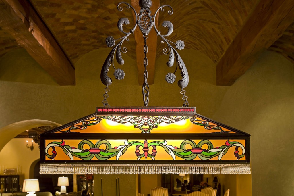 Billiard lamp. Bronze, stained glass, bead fringe. 52" x 26".