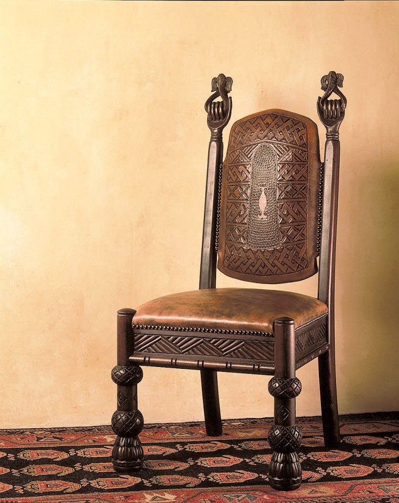 Mudfish Chair. Mahogany, tooled leather, bronze finials. 