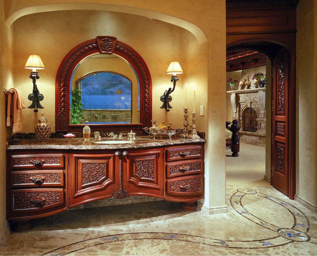 Bathroom vanity. Walnut, marble counter. 84" x 36" x 34".